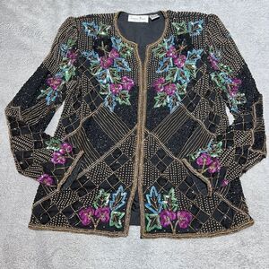 Lawrence Kazar Beaded Jacket Womens Medium Silk Vintage Black Gold Sequin Floral